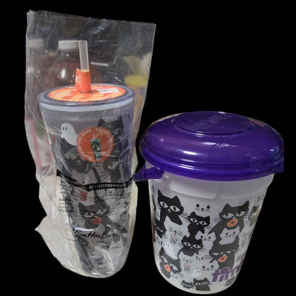 Tim Horton's Purple and Black Cat-Themed Tumbler & Bucket